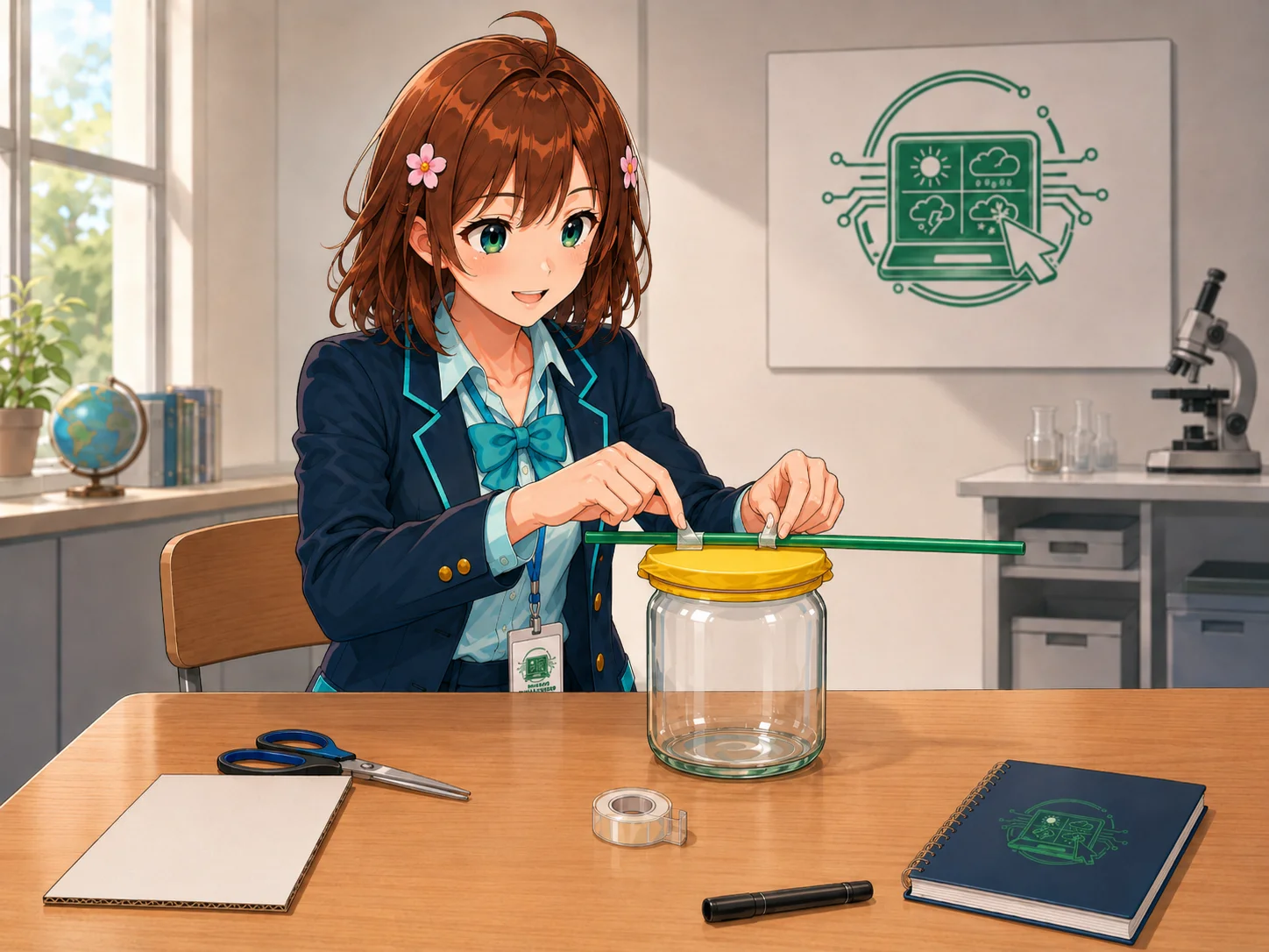 Haruhi fissa la cannuccia al centro della membrana con il nastro adesivo. Haruhi fissa la cannuccia al centro della membrana con il nastro adesivo.