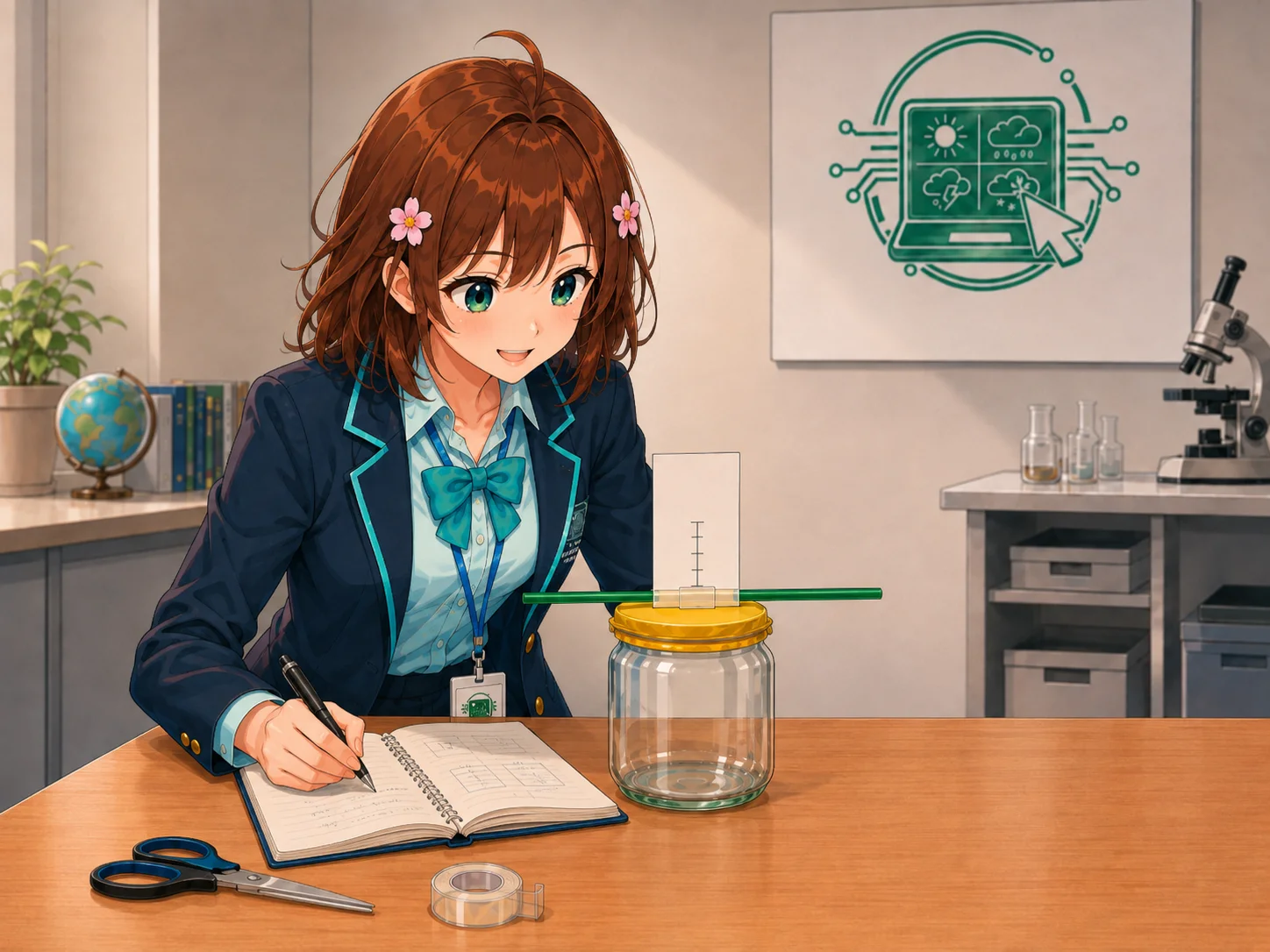 Haruhi osserva la punta della cannuccia e annota il risultato su un quaderno Haruhi osserva la punta della cannuccia e annota il risultato su un quaderno