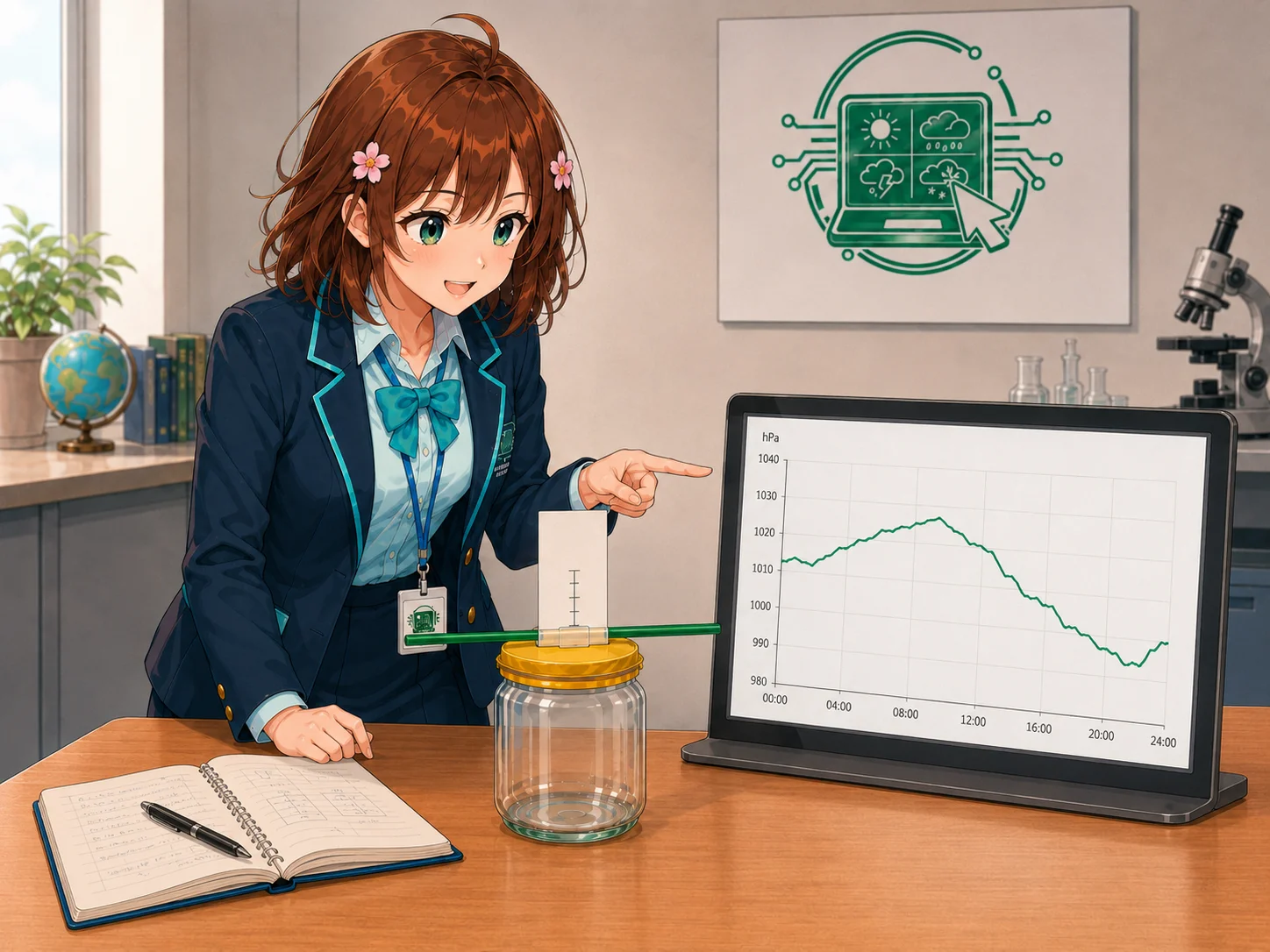 Haruhi osserva il barometro artigianale mentre su un monitor compare un grafico reale della pressione atmosferica Haruhi osserva il barometro artigianale mentre su un monitor compare un grafico reale della pressione atmosferica
