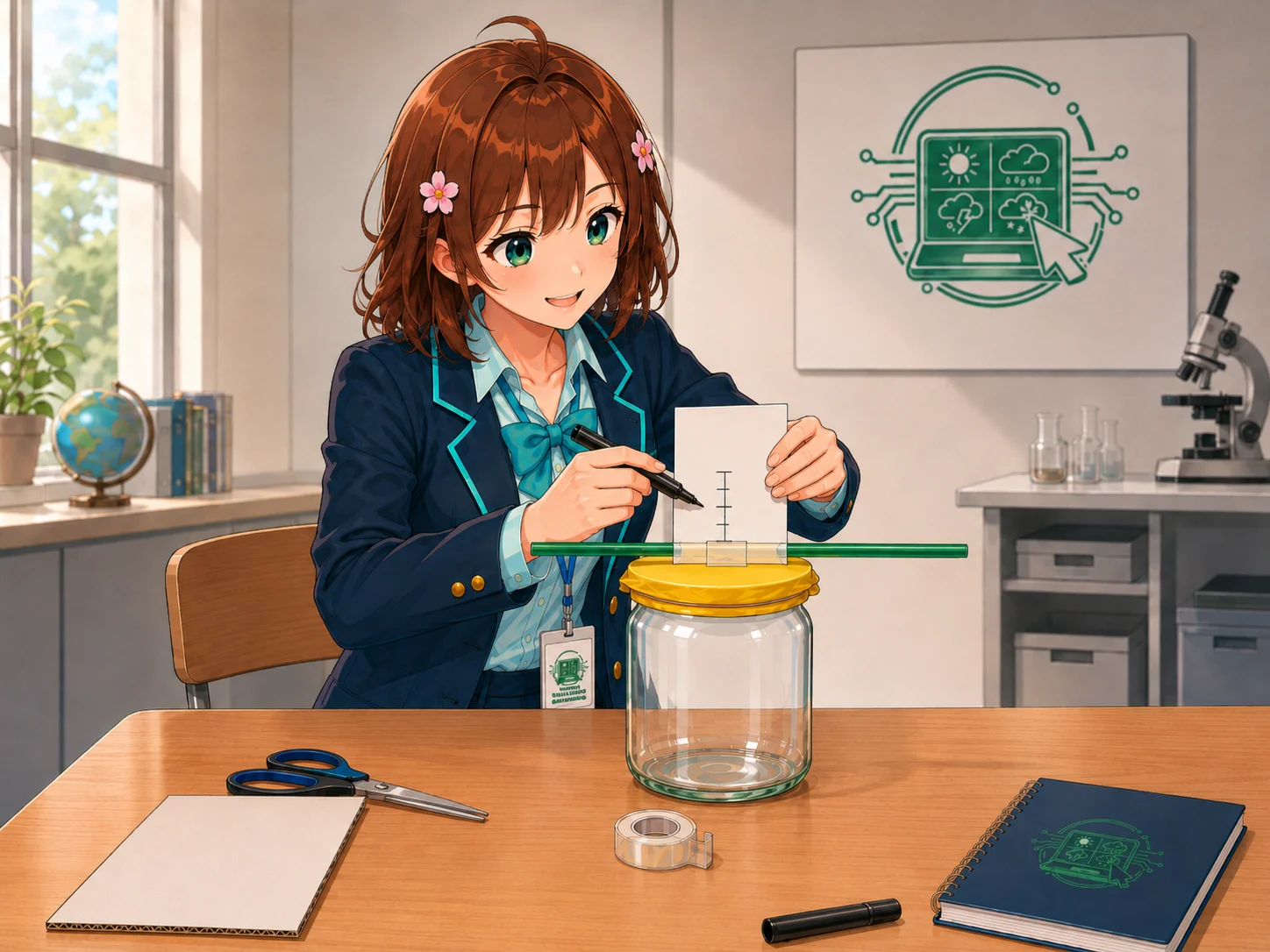 Haruhi posiziona il cartoncino dietro la punta della cannuccia e traccia la scala. Haruhi posiziona il cartoncino dietro la punta della cannuccia e traccia la scala.