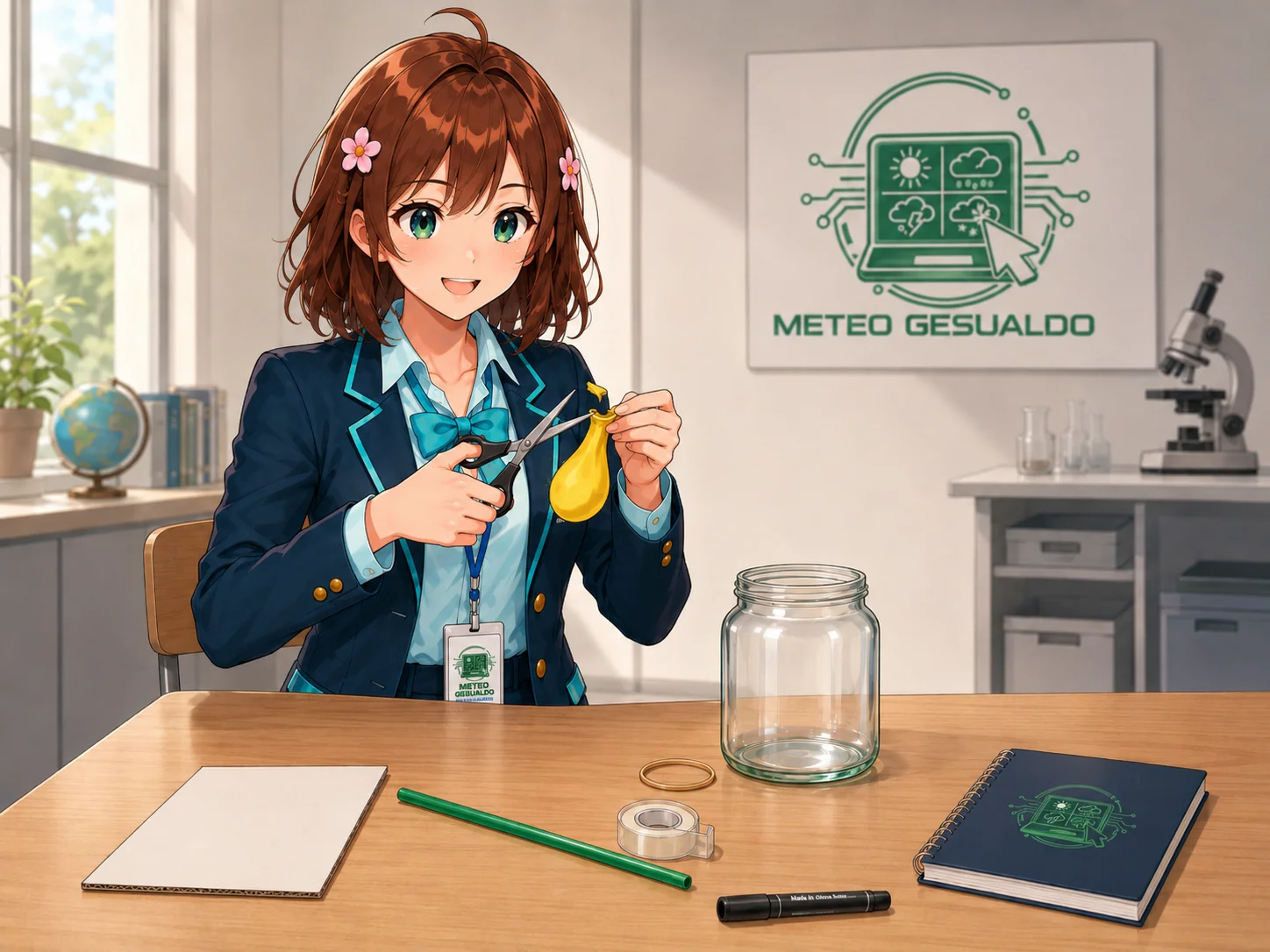 Haruhi mostra il palloncino e taglia con le forbici la parte stretta. Haruhi mostra il palloncino e taglia con le forbici la parte stretta.