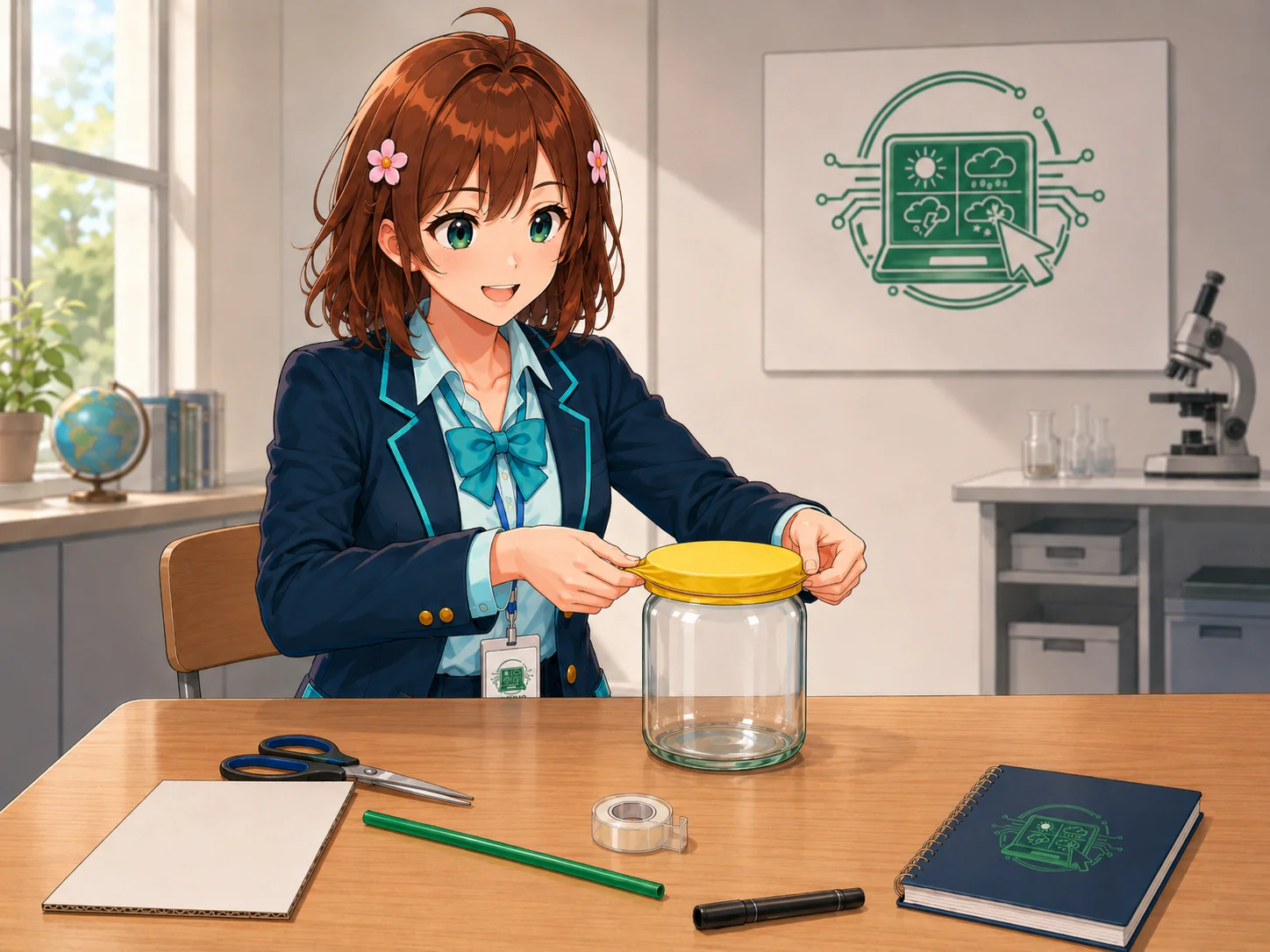 Haruhi tende il palloncino sopra il barattolo e lo fissa con l'elastico Haruhi tende il palloncino sopra il barattolo e lo fissa con l'elastico