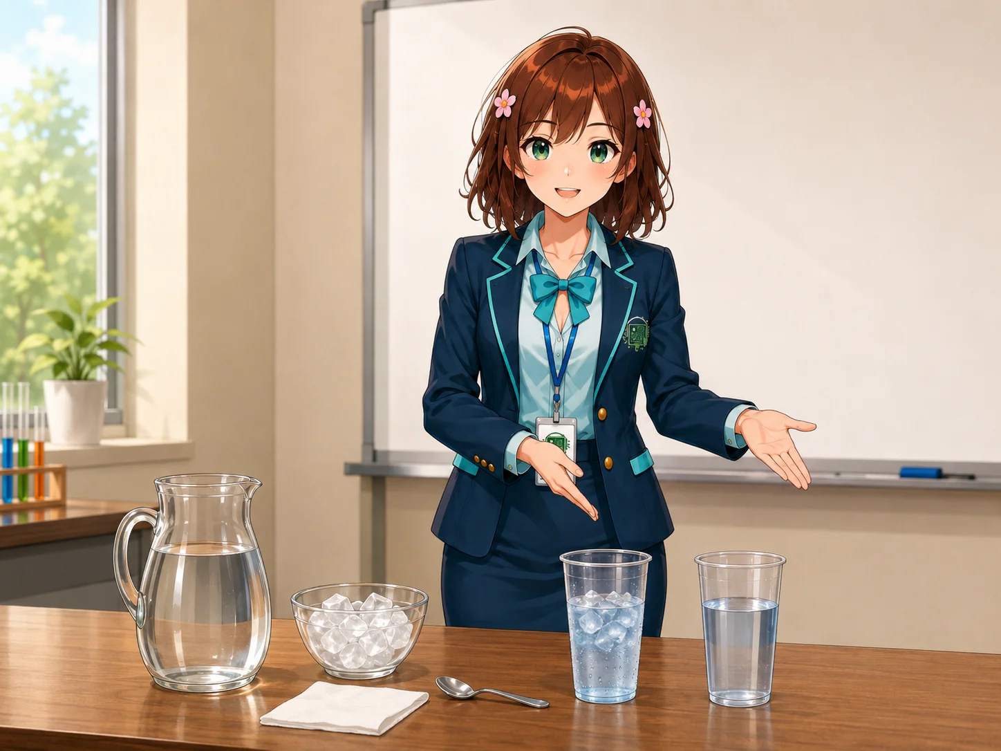 Haruhi osserva due recipienti identici, uno con ghiaccio e goccioline esterne e uno a temperatura ambiente ancora asciutto Haruhi osserva due recipienti identici, uno con ghiaccio e goccioline esterne e uno a temperatura ambiente ancora asciutto